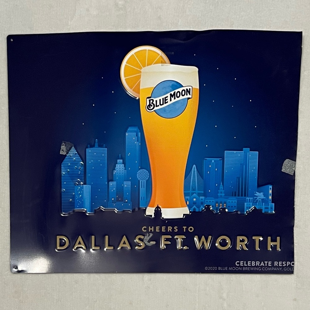 Blue Moon Beer Metal Sign Dallas Ft Worth Skyline Bar Decor